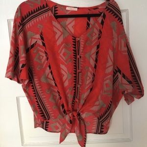 Red tie-front blouse